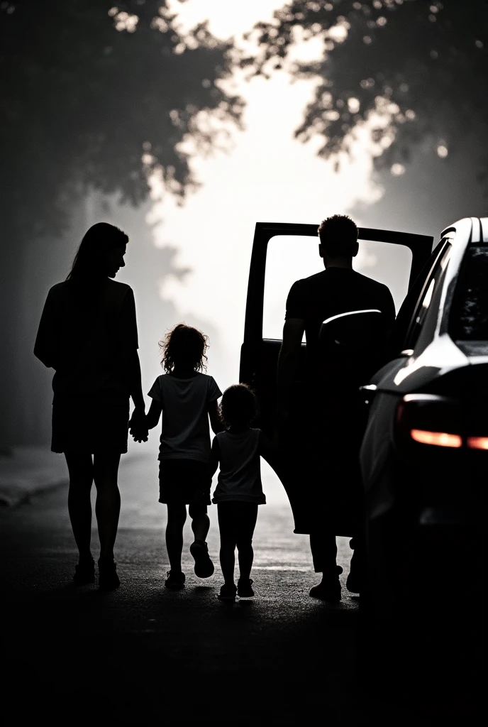 Silhouette of a family getting out of a car