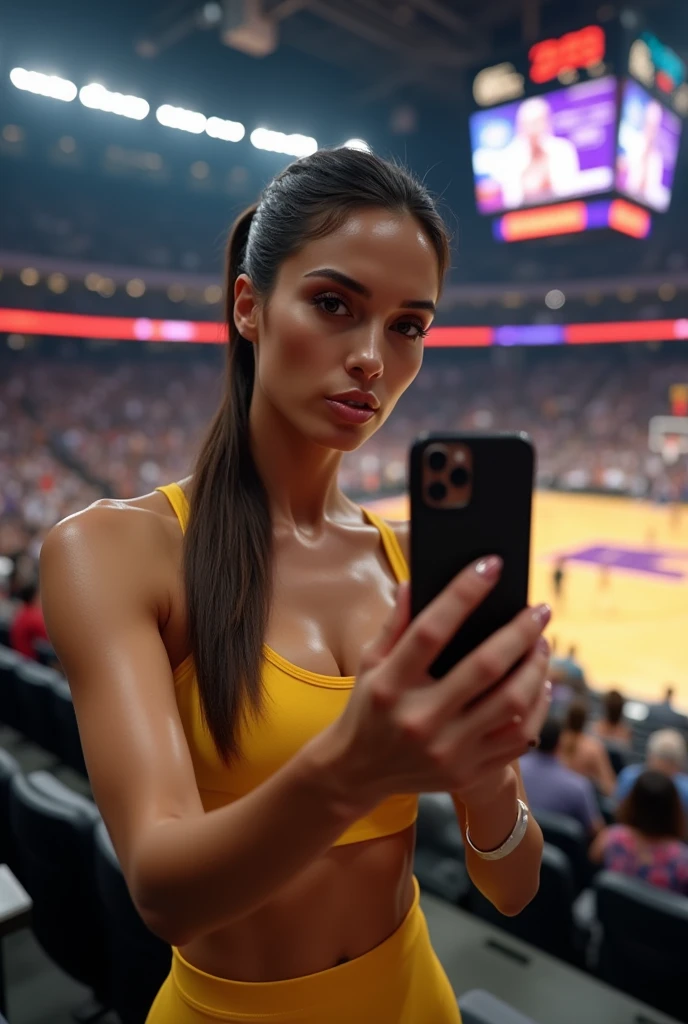 ,Italian brunette Bellucci woman, (((Very beautiful 2 girl))), pretty gir、 ((beautiful low ponytail)), super cute face, glossy lips, double eyelids in both eyes, kiss、 natural makeup, long eyelashes, Shiny and smooth hair、center image, perfect limbs, perfect anatomy,(((basketball Lakers uniform)))、,(wet with sweat),full body, she takes selfie, in reel stadium of lakers basketball in back, she are in tribune, masterpiece,超A high resolution),Italian brunette Bellucci woman, (((Very beautiful 2 girl))), pretty gir、 ((beautiful low ponytail)), masterpiece,超A high resolution),Italian brunette Bellucci woman, (((Very beautiful 2 girl))), pretty gir、 ((beautiful low ponytail)),she kisses with her mouth, no reflection on her body, more realistic, face cam iPhone quality, more dynamism, clearly see the stadium in the background