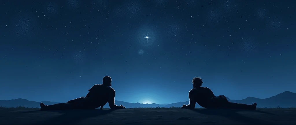 Two shadows of two men who are warrios (far away) laying in the ground and whatching at stars, these two men are in the middle of a plain in the evening, with a starry night (dark blue sky above fading to slightly lighter blue below, with pink and red) with thousands of stars, one in the middle shining a little brighter and standing out from the others.