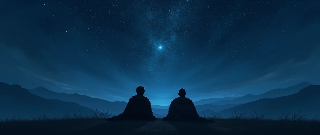 Two shadows of two men who are warrios (far away) laying in the ground and whatching at stars, these two men are in the middle of a plain in the evening, with a starry night (dark blue sky above fading to slightly lighter blue below, with pink and red) with thousands of stars, one in the middle shining a little brighter and standing out from the others.