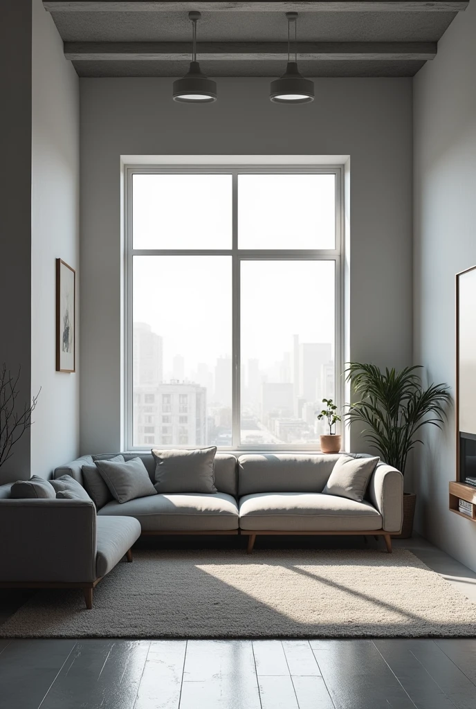 a room which theme is gray and sofa in front off window