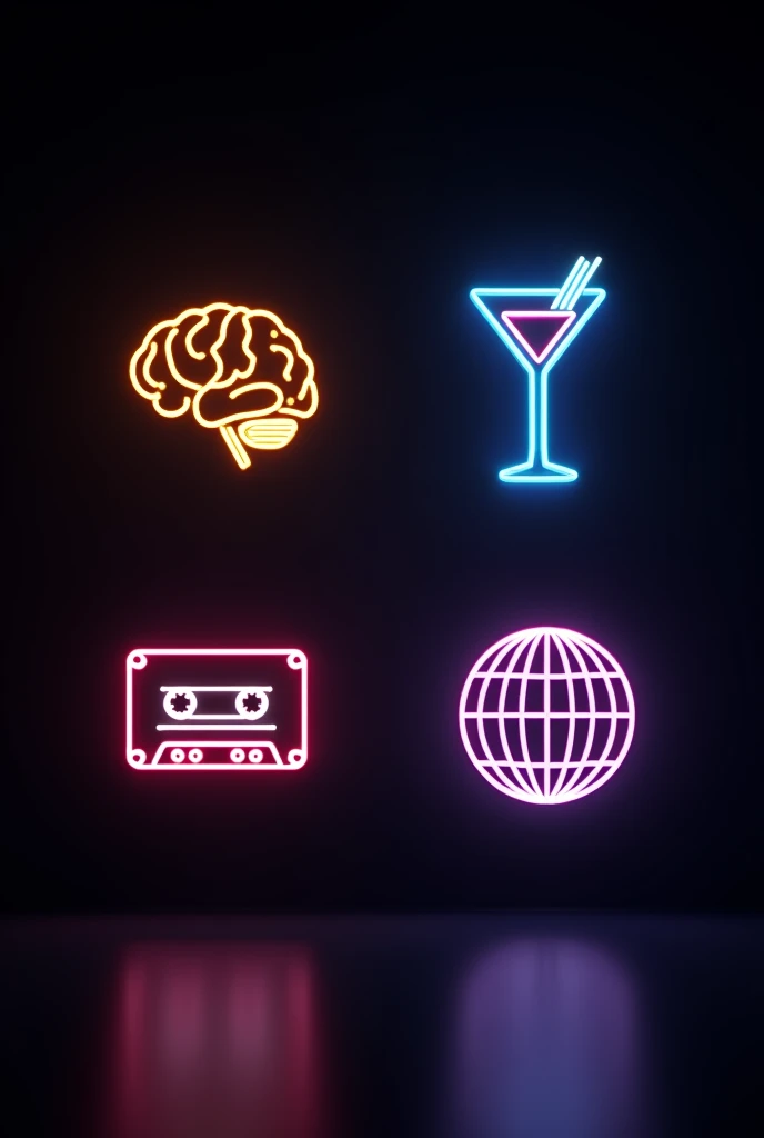 Create a very dark background with a few large, minimalist neon icons, including a brain, a cassette tape,  a cocktail glass, and a disco ball. Use neon colors like yellow, blue, and pink for the icons. The design should be clean and focused, with no additional elements or textures.