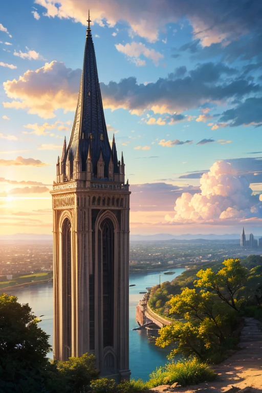(Fantasy), 原始の地表にFantasyに天まで届く塔, The tower is surrounded by a lake, Back view of a beautiful woman looking at the tower from the top of a cliff, A god emerges from between the thick cumulonimbus clouds.々A bright light shines, An open plain stretching as far as the eye can see, The earth is covered with colorful plants., Narrow eyes:1.5, Fine and beautiful eyes, Thin Hair, Detailed and realistic skin texture, (Smile:1.3)