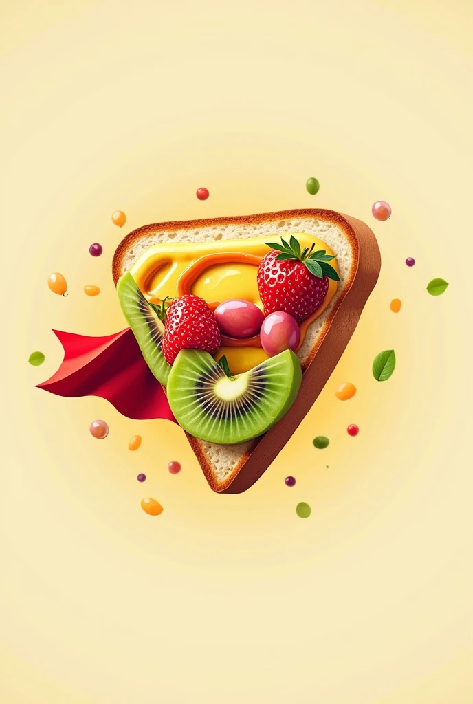 make me a logo that has bread flying like superman and in the bread there are fruits like kiwi, strawberry, and the grapes are cut and there is also cream which shows that it is a fruit sandwich
