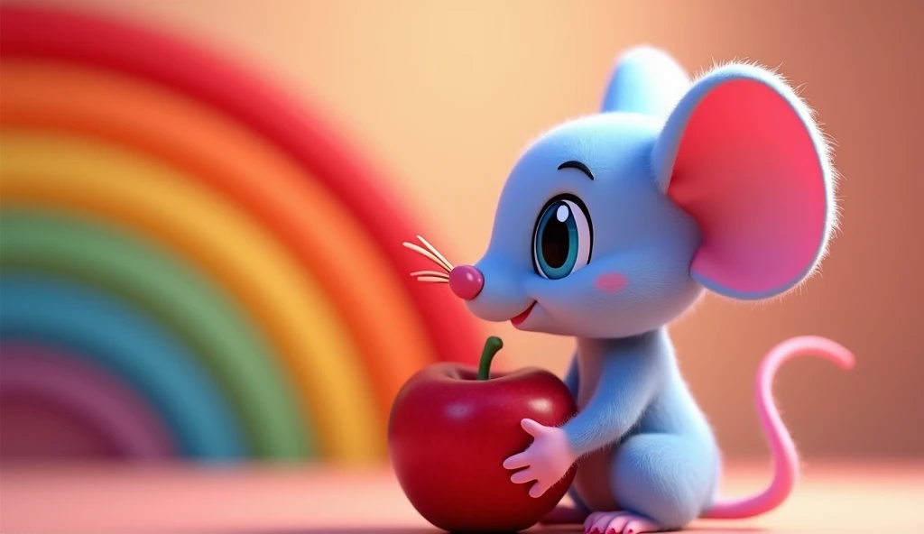 A charming 3D animated close-up highlighting the red section of the rainbow, with Fiby holding or admiring a red apple. Fiby, the light blue mouse with pink accents, looks at the apple with interest, the red color echoing the rainbow’s red band. Fiby’s expression is thoughtful and appreciative, with vibrant blue eyes and a pink tail curled slightly. Pixar-Disney style, DIGITAL ART.