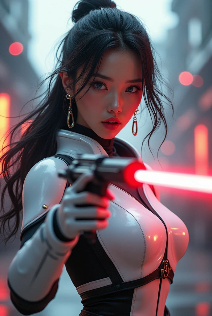 (masterpiece, best quality, beauty, best ratio, best shadows,best Illustration, wallpaper size,1080×2400 pixels, detailed face, pastel colors) star wars theme.
uhd, china female kungfu, korean beauty like tae yon, face fully visible, shooting pose, shining blue eyes, windblown hair, wear white and black futuristic full leather armory suit, left hand holding futuristic gun emits red energy with a shooting presence, on top background of an airport in outer space with red and orange signal lights flashing, outer space city, space rider sand space troops seen on far away. use the RenderMan renderer.digital art. High definition, high contrast,high color saturation,128k,cinematic lighting, intricate,cinematic advertising photograph,cinema lens, super high res.