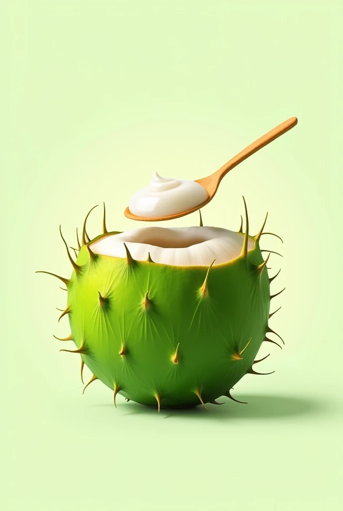 A vibrant logo design for "Mai Kelapa Jelly" featuring a prominent, bright green young coconut as the main image, with a small, delicate scoop on top, carefully holding a dollop of white jelly, the coconut's exterior slightly angled to showcase its fresh, prickly texture, the jelly glistening with subtle highlights, against a clean, minimalistic background that allows the coconut and jelly to take center stage, with the brand name "Mai Kelapa Jelly" written in a modern