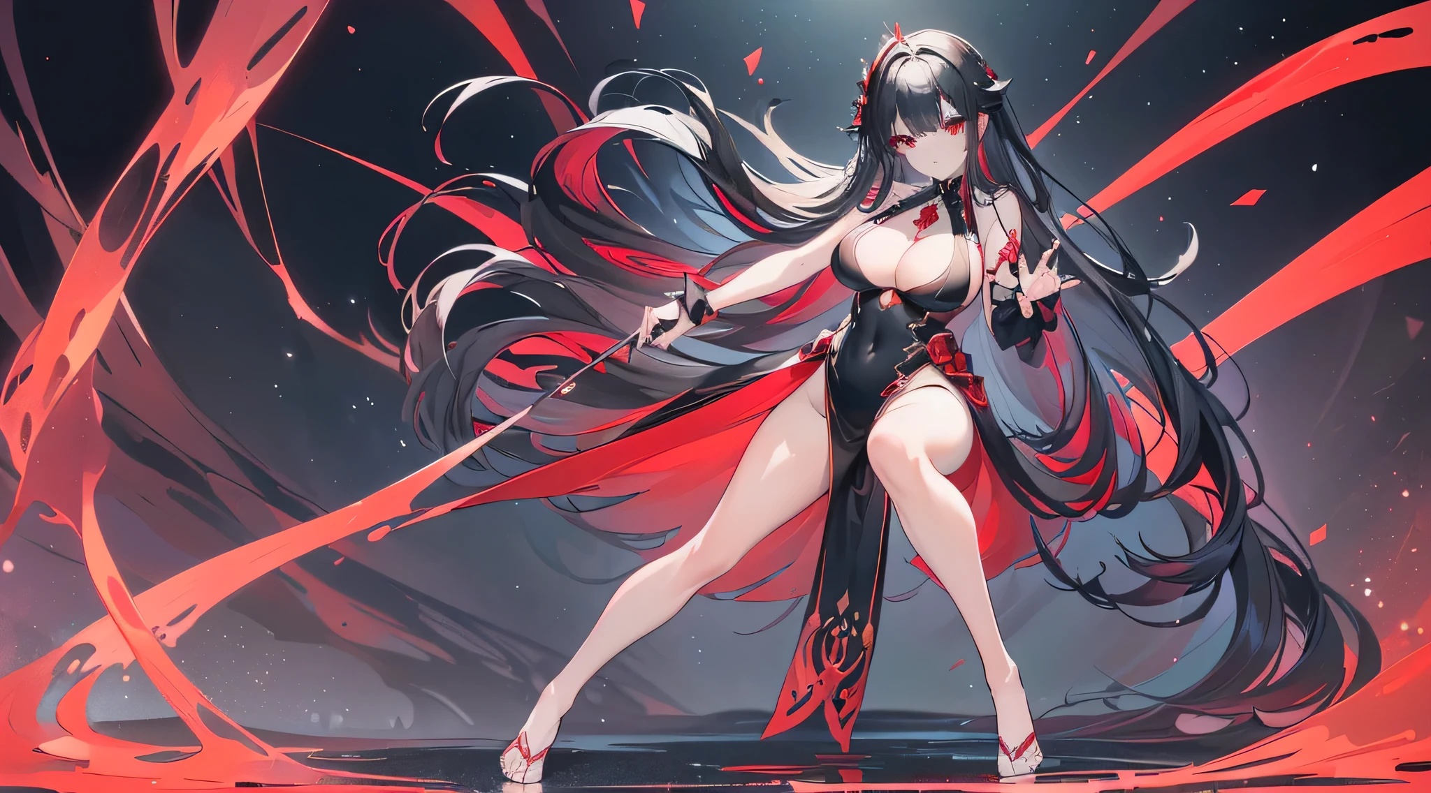 Exquisite eyes),(Clear and beautiful eyes:1.61),masterpiece, ung girl,(Black clothes and some red gems), Black long hair, (She has a huge red gem on her chest), Good Hand,((The Havoc of StarCraft)),full-body shot,Fighting Stance,(Red Eyes:1.466),short and small,(Very big breasts:1.35),(Pretty Face),(full-body shot:1.33),Beautiful hands