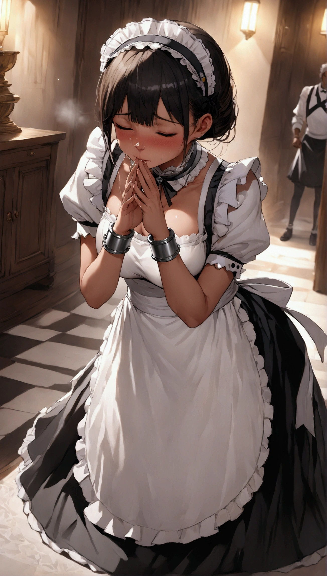 (Masterpiece. Best quality. 8K. Sharp focus. Depth of field, Best shadows. Perfect lighting. HDR. Realistic skin texture. Ultra-detailed background. Detailing.) 1 girl. Maid. Slave. Maid uniform. Slave collar. Shackles. Big boobs. Snotty sneezing. Snot. Nasal mucus. Snotty splashes. Achoo. Sneezing into hands. Standing. Full body.