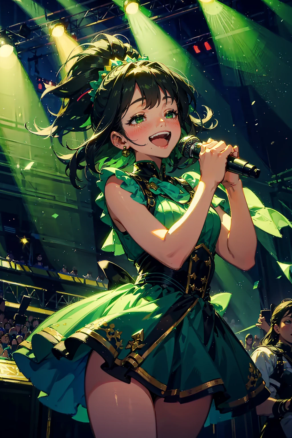 1girl,solo,cute,smile,close eyes,open mouth,black hair,green eyes,idol,singing,on the stage,spotlight