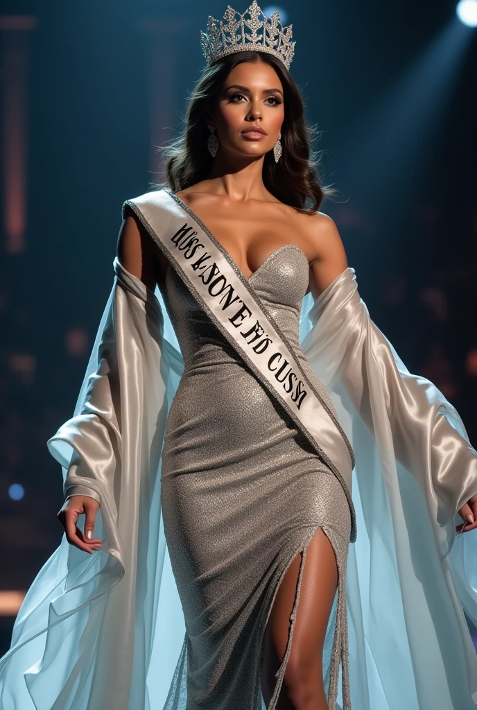 Miss universe, silver evening gown with silk shawl at shoulder left and right, at miss universe stage, wear crown and sash Miss Universe, elegant, beautiful, slim, don't smile, sexy vibes. Sharp eyes, cool, bold make up. Cignature sexy pose.