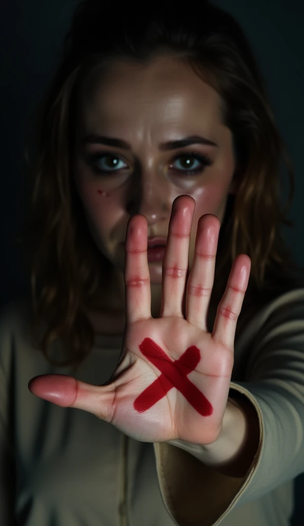 A close-up, high-resolution image of a woman from the waist up, raising her hand with a red "X" on the palm to the camera. Her face, framed by the shot, is tearful and bruised, with makeup running down her cheeks. The dark setting and intense lighting accentuate her suffering and powerful stance against abuse.