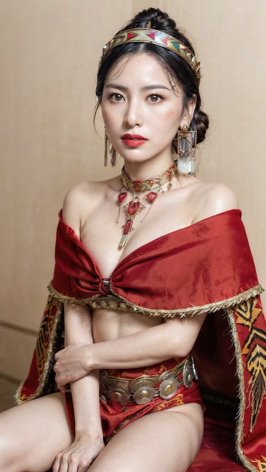 ((Realistic lighting, Masterpiece: 1.3)), (raw photo:1.2), Hyperrealist portrait gorgeous Beautiful tribal Chinese leader, mature woman, 40 years old, Milf, beautiful serious face, wrinkled face, beautiful detailed charming eyes, (pretty big breasts: 1.1), ((tribal red cape: 1.1), (tribal red mix gold strapless), (red tribal dress)), tribal loincloth, (tribal jewelry, tribal necklace, tribal diadem circlet), native American attire, tribal Palace background, legendary style, epic style, full body, (sit on throne: 1.2, tribal Palace background), professional photography, font view, very detailed faces, (garnet red lips, subtle makeup: 1.3), chignon hairstyle, full body, Best quality, 8K, colorful style