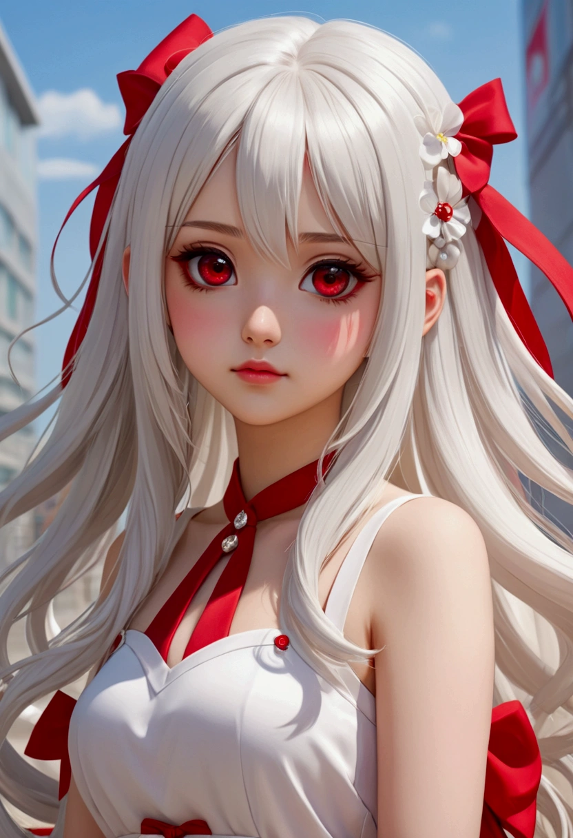 pretty , cute , anime girl, long white hair with some accessories, cute modern short dress , big red eye , small chin , chubby cheeks ,  elegant, kawaii, sweet, sexy 
