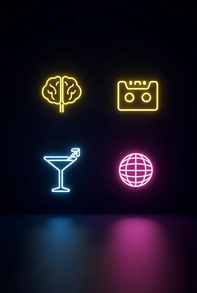 Create a very dark background with a few large, minimalist neon icons, including a brain, a cassette tape, a cocktail glass, and a disco ball. Use neon colors like yellow, blue, and pink for the icons. The design should be clean and focused, with no additional elements or textures.