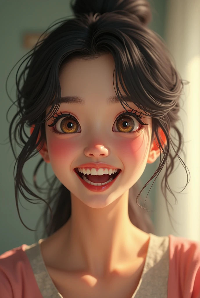 Asian woman with snake-like eyes laughing friendly
