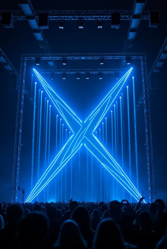 Background of a flyer show stage lights large black metal structure with dark blue,with large x of blue led with black ,with blue neon light falling from the ceiling ,and black background ,ceiling-mounted speaker box,flash of blue neon lights with audience in front of the show stage 