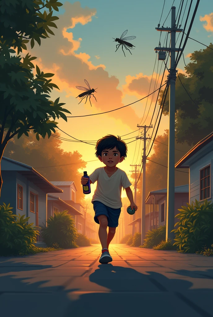 create an image as if it were the second phase of a game with the theme: save yourself from mosquitoes and the main character is a child with a repellent in his hand, who is returning home at dusk and needs to arrive safely, but he needs to escape from the dengue mosquitoes