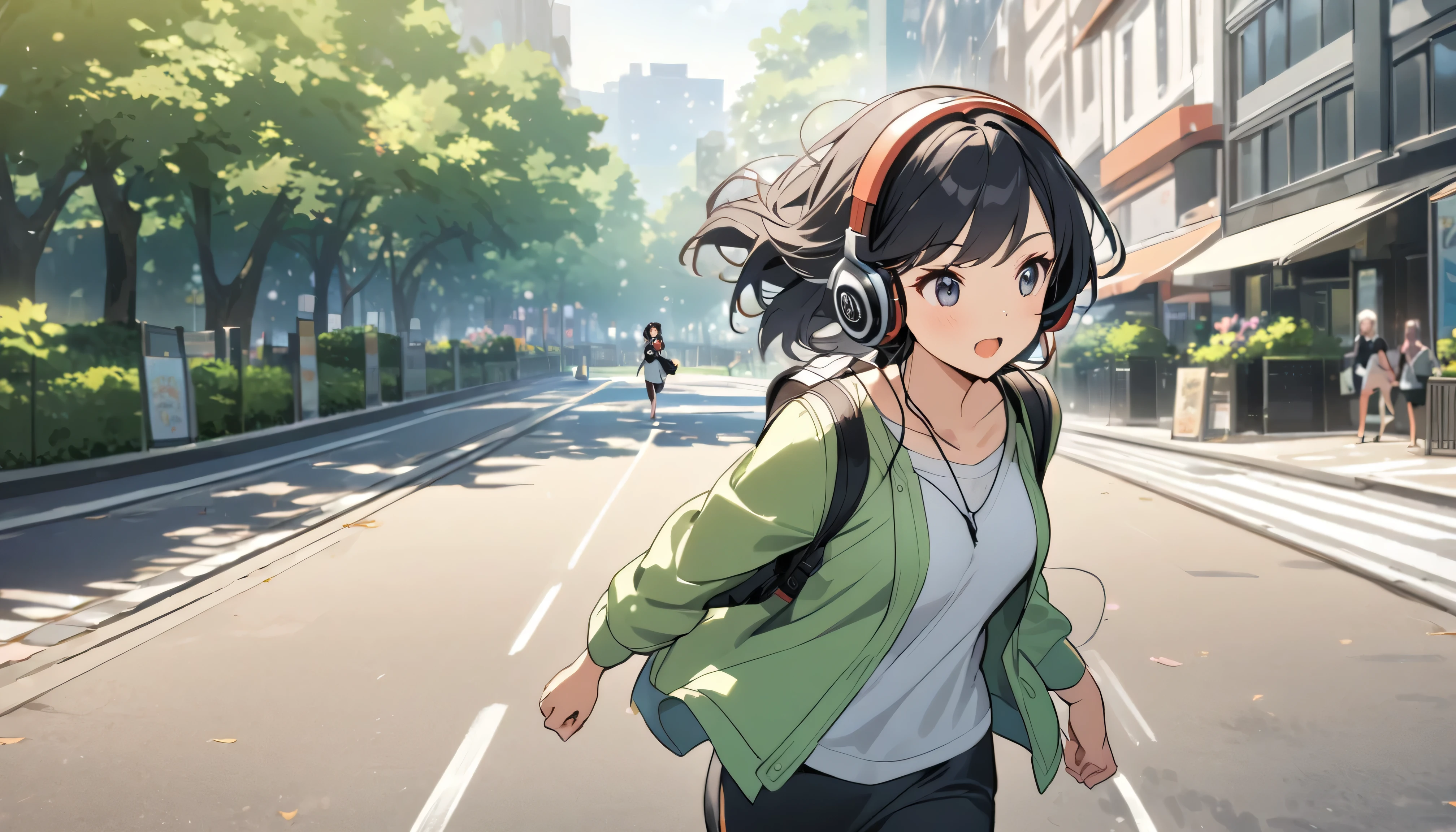 A woman with black hair and cute clothes running in the park,Streetscape、Listening to music with headphones、Japanese