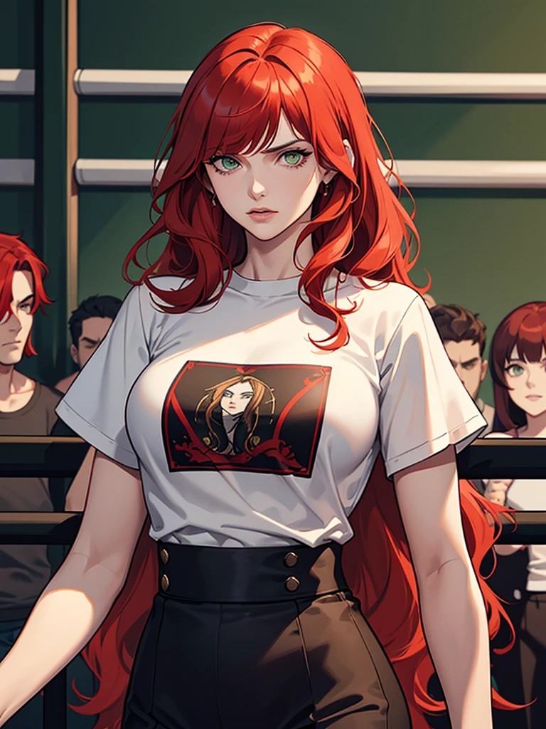 green eyes, red hair with long bangs. sadistic women, wavy long hair. strong woman. she quiet. dominant woman. mafia. mature woman. girl boss. with bangs so long wavy red hair. boxing. wear pans and t shirt. background in town