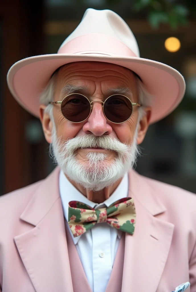 Image is a portrait-style photograph featuring an elderly man with a distinguished appearance. He has a fair complexion, white hair, and a well-groomed white beard and mustache. He is wearing a light pink suit jacket with a matching bow tie that has a floral pattern. He also sports a light pink wide-brimmed hat with a ribbon band, and round, dark sunglasses. The background is blurred, focusing attention on the subject, who exudes a sense of elegance and style.