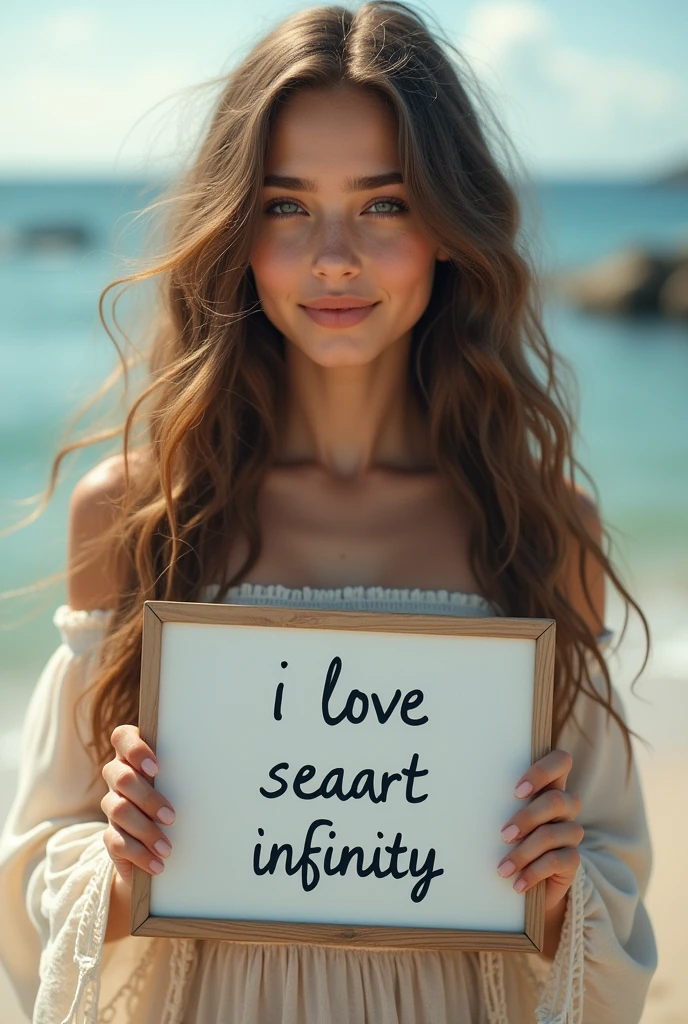 Beautiful girl with wavy long hair, bohemian dress, holding a white board with text "I Love Seaart Infinity" and showing it to the viewer