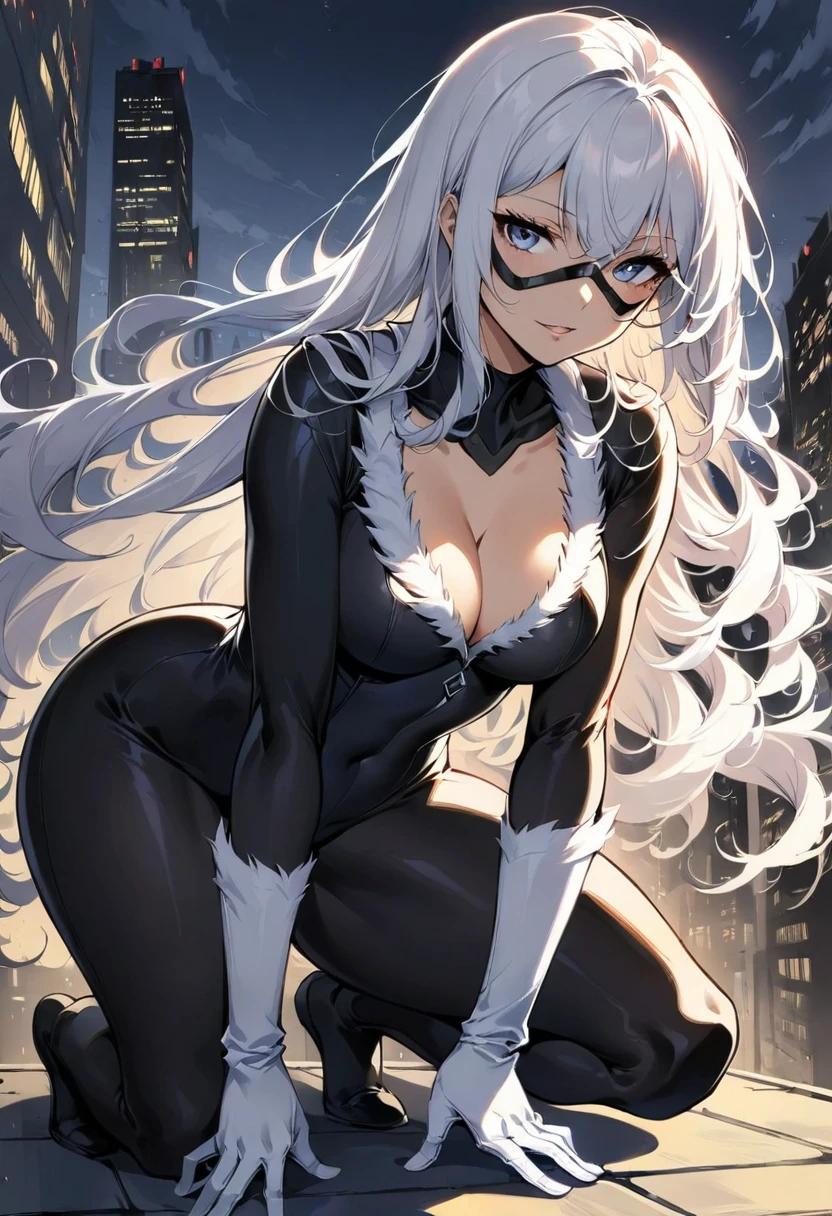 (high quality, 4K, high contrast, artwork:1.2), best aesthetics, BREAK ((1 woman)), (a white hair woman in a black bodysuit and small mask:1.3), long wavy white hair, blue eyes, BREAK sensual, mature body, super detailed, highly detailed face, highly detailed eyes, highly detailed mouth, BREAK sexy body, perfect breasts, medium breasts, perfect wide thighs, cleavage, BREAK (white gloves, white fur details around the neckline and gloves:1.1), sensual facial expression, BREAK New York City rooftop, kneeling, squatting, crouching, dimly lit, midnight.