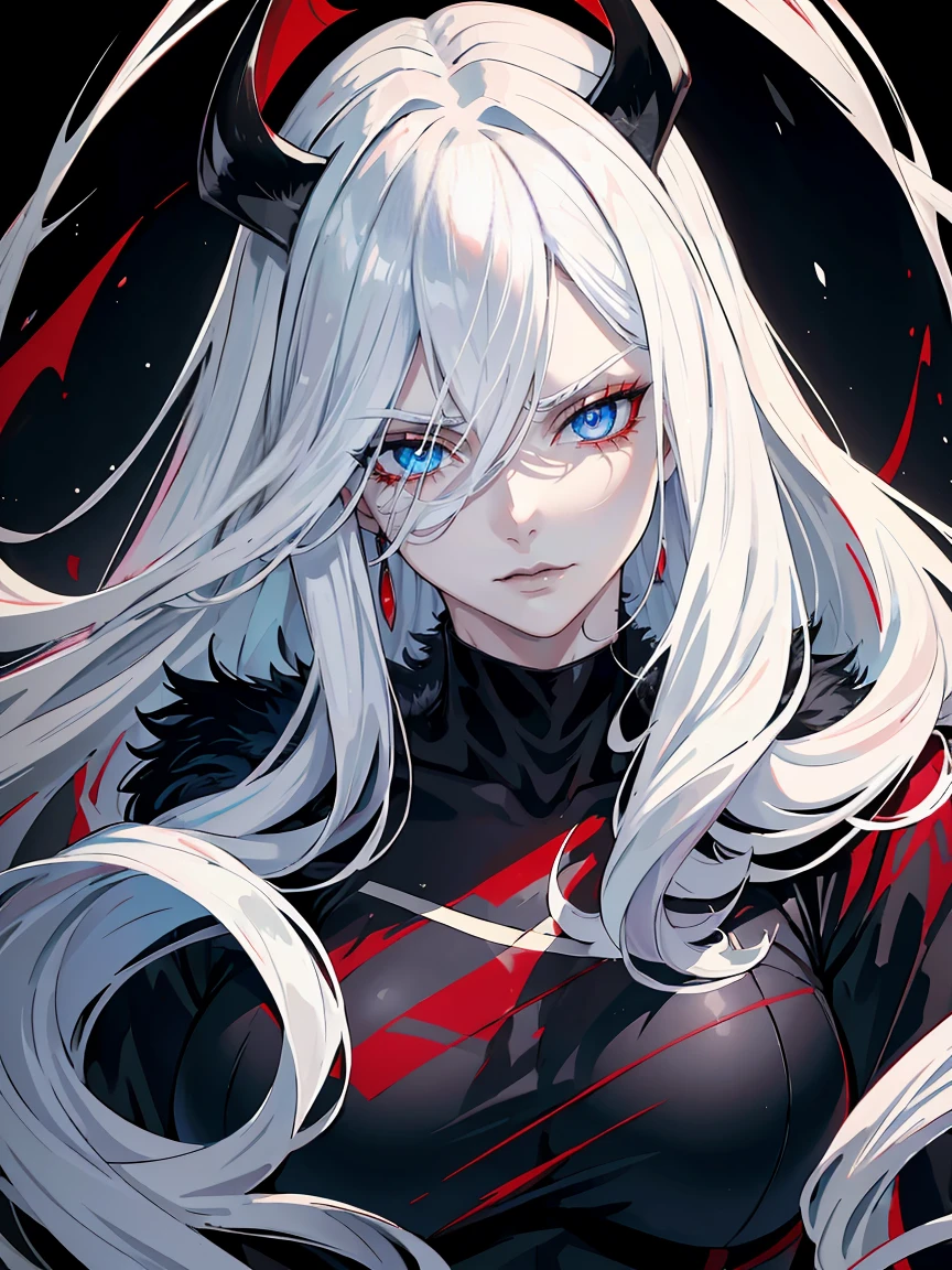 Long white hair, blue eyes, evil, sexy, black and red clothes, evil face, evil, serious look, gloss lips, sinister, front look, bloody, gloves, close up, portrait, beautiful eyes, big white, dark place, night, sensual, straight hair cut, clear skin, evil, young 30 years girl, adult girl, solo, red, very long hair, ankle length hair, handsome older WOMAN，azure-eyes，crimson pupils，Long white hair，Hyperresolution，accuracy，Detailed rendering,（Image of fine hair）（topquality）（Masterpieces of masters）（High degree of completeness）（A sense of atmosphere）tmasterpiece，Super detailed and super detailed（((full-body)))(((white and black fur fight outfit))) (((Soft expression)))
