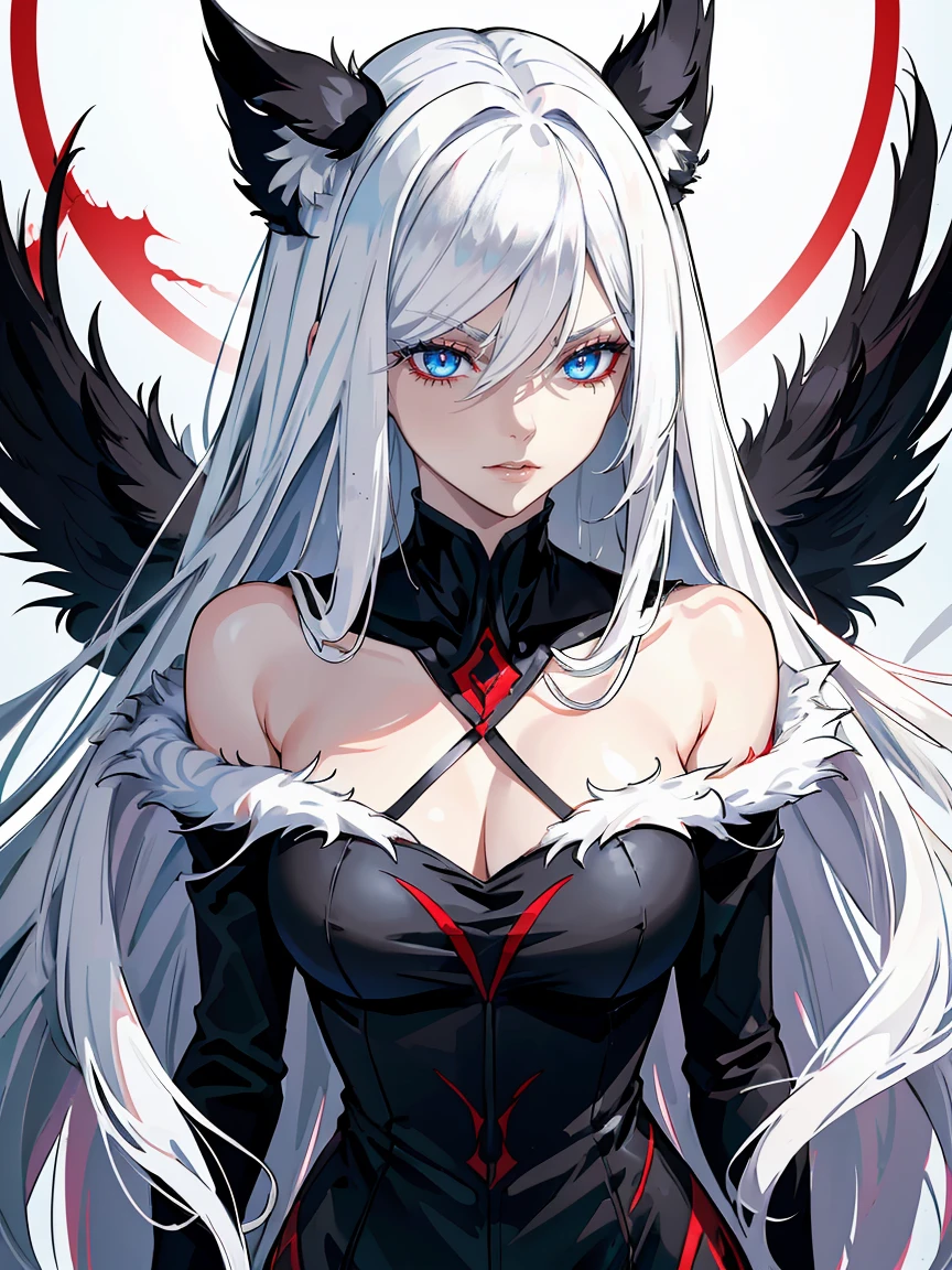 Long white hair, blue eyes, evil, sexy, black and red clothes, evil face, evil, serious look, gloss lips, sinister, front look, bloody, gloves, close up, portrait, beautiful eyes, big white, dark place, night, sensual, straight hair cut, clear skin, evil, young 30 years girl, adult girl, solo, red, very long hair, ankle length hair, handsome older WOMAN,azure-eyes,crimson pupils,Long white hair,Hyperresolution,accuracy,Detailed rendering,(Image of fine hair)(topquality)(Masterpieces of masters)(High degree of completeness)(A sense of atmosphere)tmasterpiece,Super detailed and super detailed(((full-body)))(((white and black fur fight outfit))) (((Soft expression)))