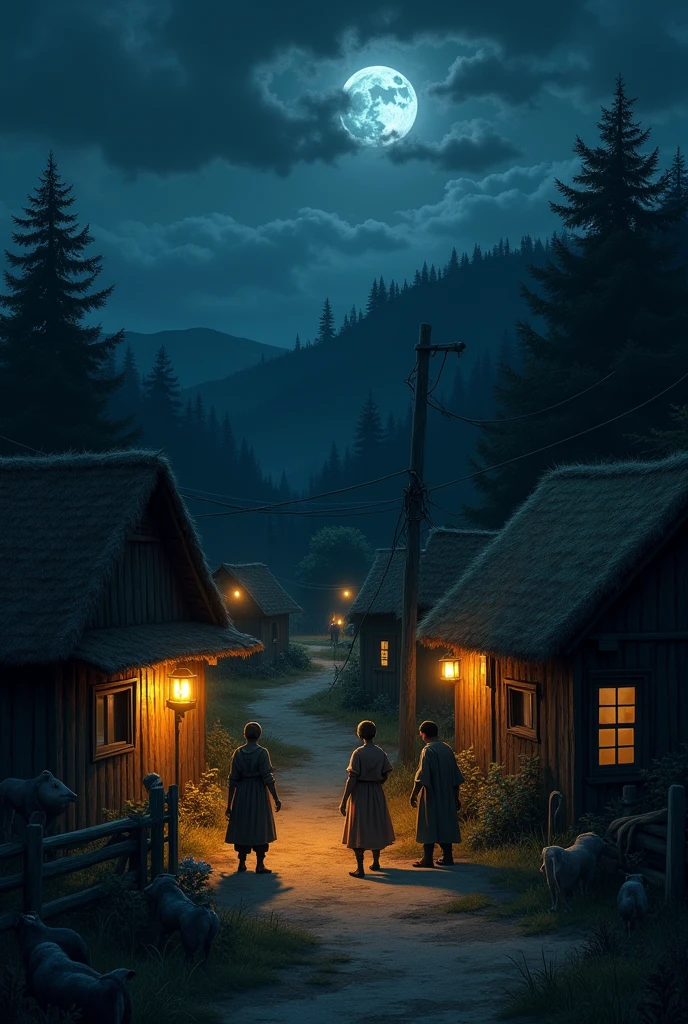 make a small village at night with people outside their homes scared by the disappearance of people and animals in the region