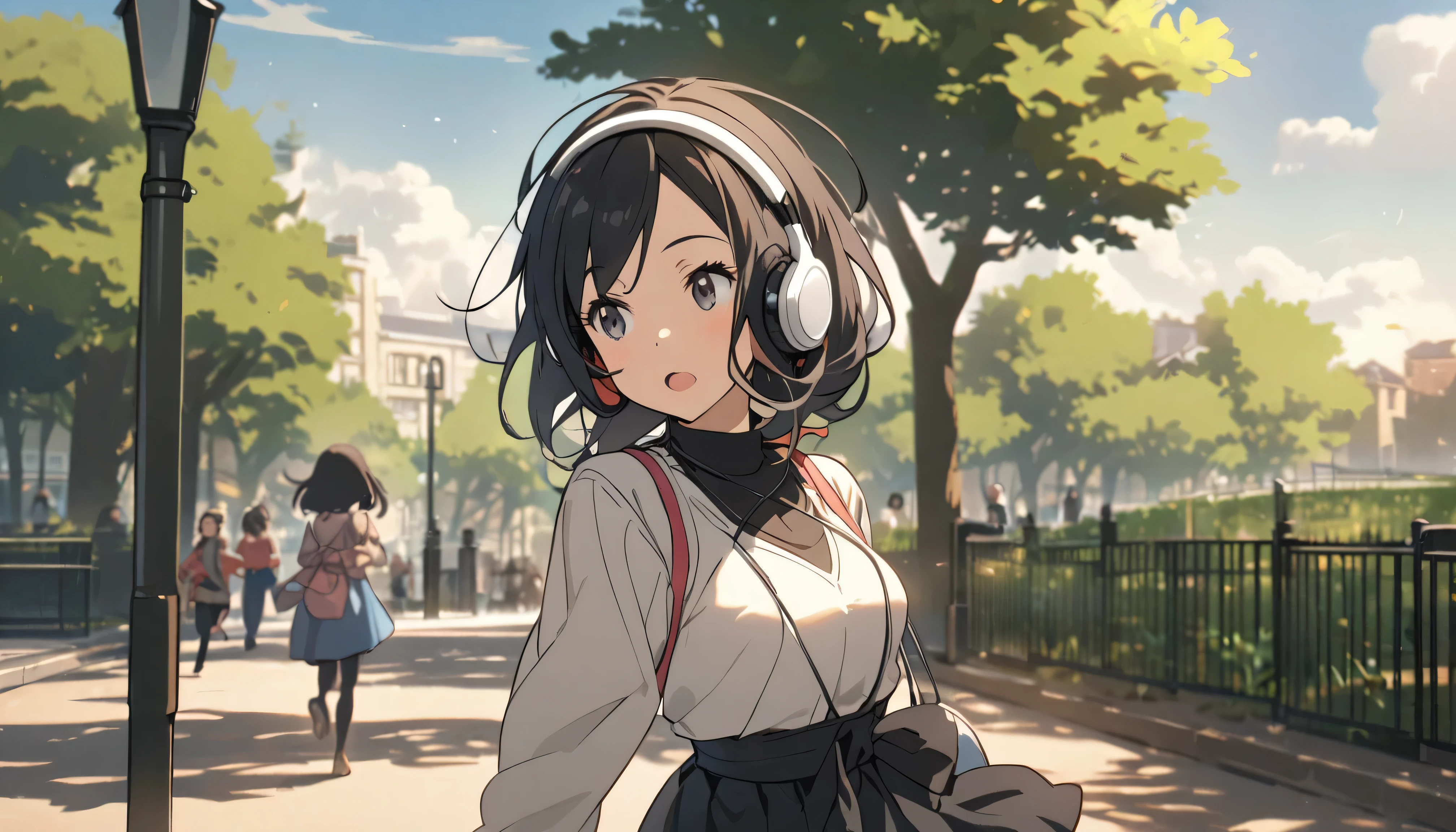 A woman with black hair and cute clothes running in the park,Streetscape、Listening to music with headphones、Japanese