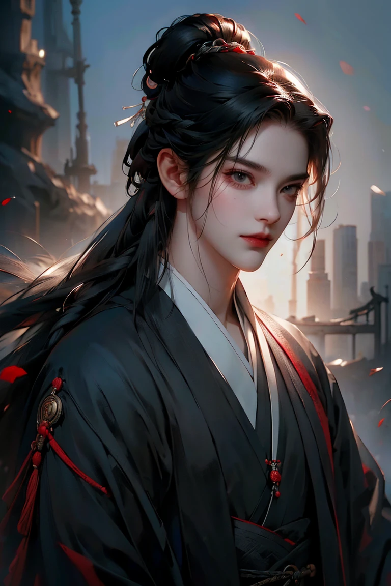 a man with long braided black hair trançado, black eyes, thoughtful pose, traditional Chinese clothing, (best quality,4k,8k,highres,masterpiece:1.2),ultra-detailed,(realistic,photorealistic,photo-realistic:1.37),intricate details, dramatic lighting, cinematic composition, rich color palette, moody atmosphere