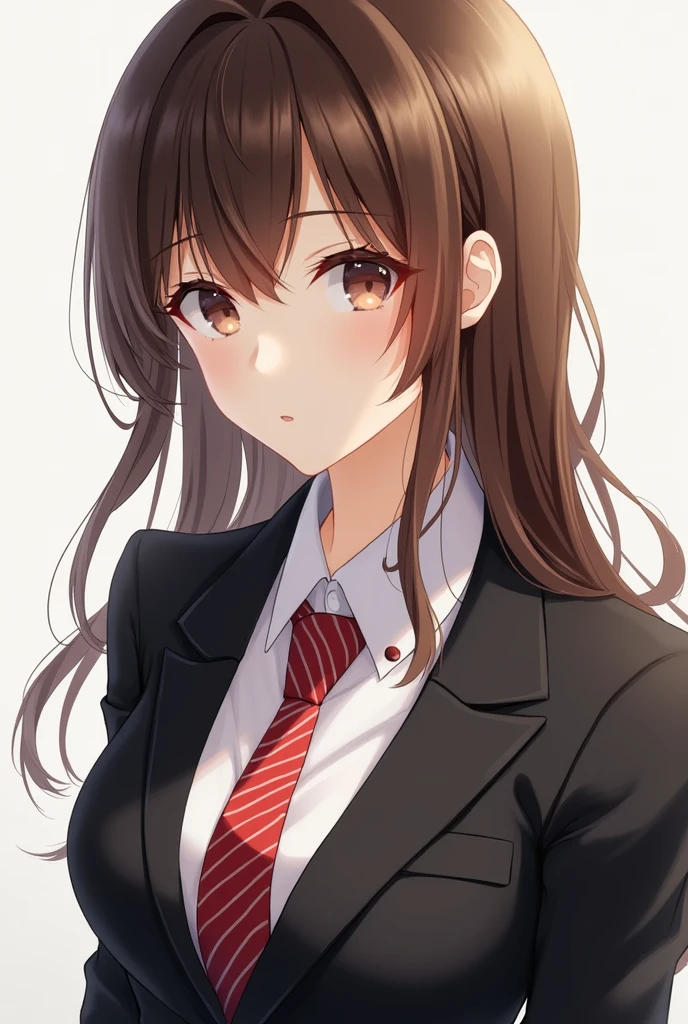 Semi fair girl wearing semi black blazer, white shirt with red tie white lines on ,
with brown hairs