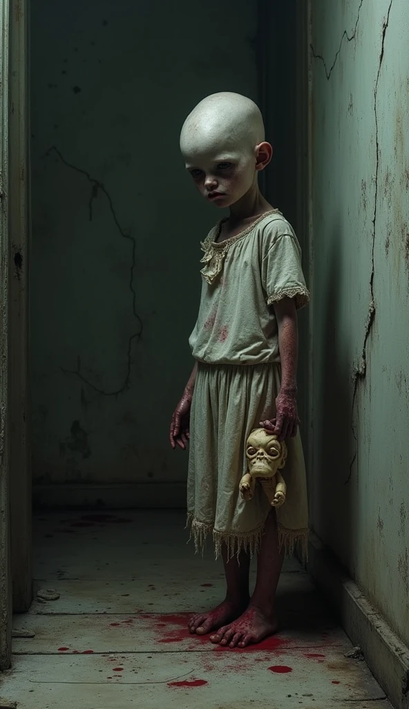 Scary ghost of a standing in the corner of the house with blood stained clothes and holding a torn doll