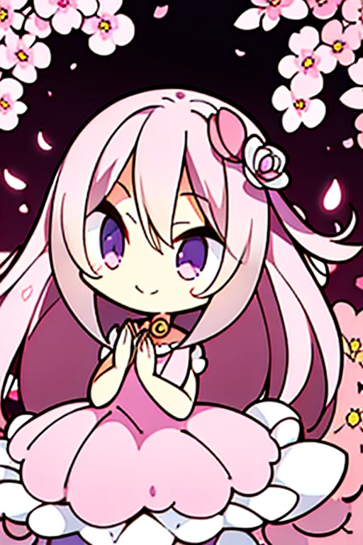 Perfect face. Perfect hands. A pink haired woman with violet eyes with an hourglass figure in a pink dress is smiling in a flurry of peony petals