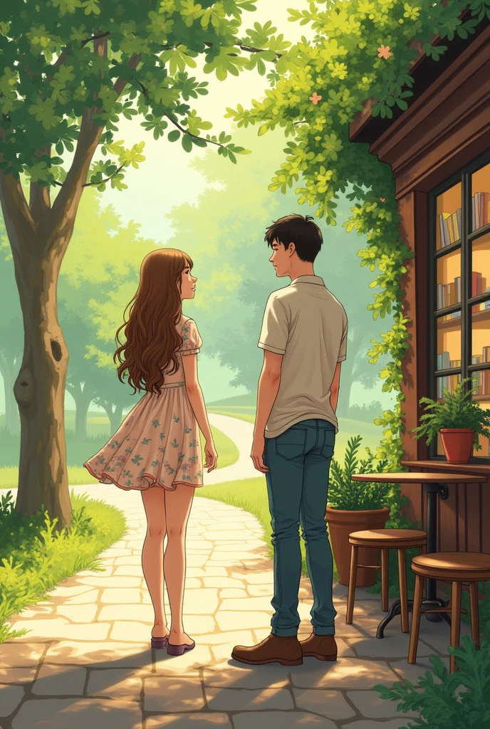 
Title: “Beyond the Horizon” Chapter 1: “Meeting in the Park” General Description:

	• Style: Romantic and emotional manga, with a focus on detailed facial expressions and cozy settings.

SCENE 1: Sunny Park • Characters:
	• Mine: a 2 girl, long light brown hair, She wears a floral dress and has a melancholic expression..
	•	Hearing: A 2 young man, short black hair, He wears a white shirt and jeans. He has a kind and observant attitude.
	• Action: Mina is sitting on a bench in the park, looking at the ground with sadness. Hearing, while walking in the park, He notices Mina and approaches her with curiosity.
	•	Dialogue: Hearing le pregunta a Mina si está bien, and Mina answers evasively. El capítulo termina con Hearing ofreciendo acompañarla a tomar un café para distraerse.

Description of the scene:

	• The park has lush trees and a paved path. Sunlight filters through the leaves, creating a warm and calm atmosphere.

Chapter 2: “Café y Confidencias”

SCENE 1: Cozy Cafe • Characters:
	• Mine y Hearing: Now in a small, cozy cafe with brick walls and vintage decor.
	• Action: While drinking coffee, Mina begins to open up about her personal problems and her recent breakup. Hearing la escucha atentamente y comparte una historia similar de su vida.
	•	Dialogue: Mina agradece a Hearing por escucharla y él le sugiere que a veces compartir nuestros problemas puede ayudar a sanar.

Description of the scene:

	• The cafe has wooden tables and comfortable chairs. There is a small bookshelf with books and plants on the tables, creating a relaxed atmosphere.

Chapter 3: “Dudas y Decisiones”

SCENE 1: City Square • Characters:
	• Mine y Hearing: Walking together through a city square with fountains and shops.
	• Action: Mina y Hearing comienzan a pasar más tiempo juntos y desarrollan una amistad cercana. However, Mina se siente confundida sobre sus sentimientos hacia Hearing y duda si es el