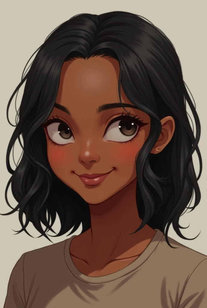 Am image of me , I have black hair with shoulder length sisterlocs, I'm chocolate to dark skin color, sleepy eyes, long but a bit chubby face, pretty smile
Make the locs realistic and shorter, the eyes smaller and skin tone a bit darker give her clothes