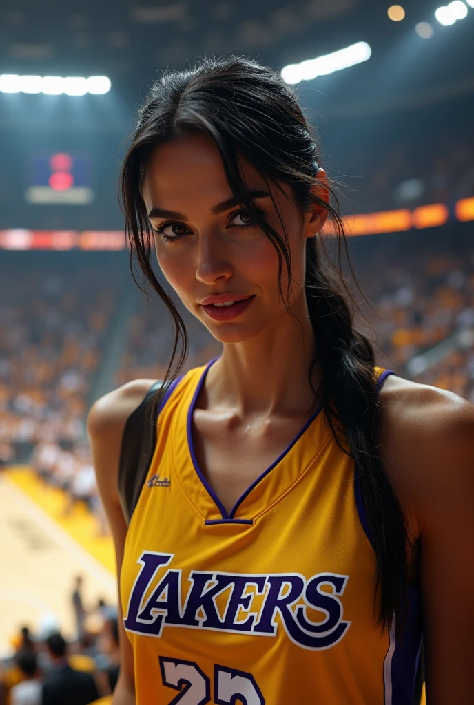 ,Italian brunette Bellucci woman, (((Very beautiful 2 girl))), pretty gir、 ((beautiful low ponytail)), super cute face, glossy lips, double eyelids in both eyes, kiss、 natural makeup, long eyelashes, Shiny and smooth hair、center image, perfect limbs, perfect anatomy,(((basketball Lakers uniform)))、,(wet with sweat),full body, she takes selfie, in reel stadium of lakers basketball in back, she are in tribune, masterpiece,超A high resolution),Italian brunette Bellucci woman, (((Very beautiful 2 girl))), pretty gir、 ((beautiful low ponytail)), masterpiece,超A high resolution),Italian brunette Bellucci woman, (((Very beautiful 2 girl))), pretty gir、 ((beautiful low ponytail)),she kisses with her mouth, no reflection on her body, more realistic, iPhone quality, more dynamism, clearly see the stadium in the background, without her pant