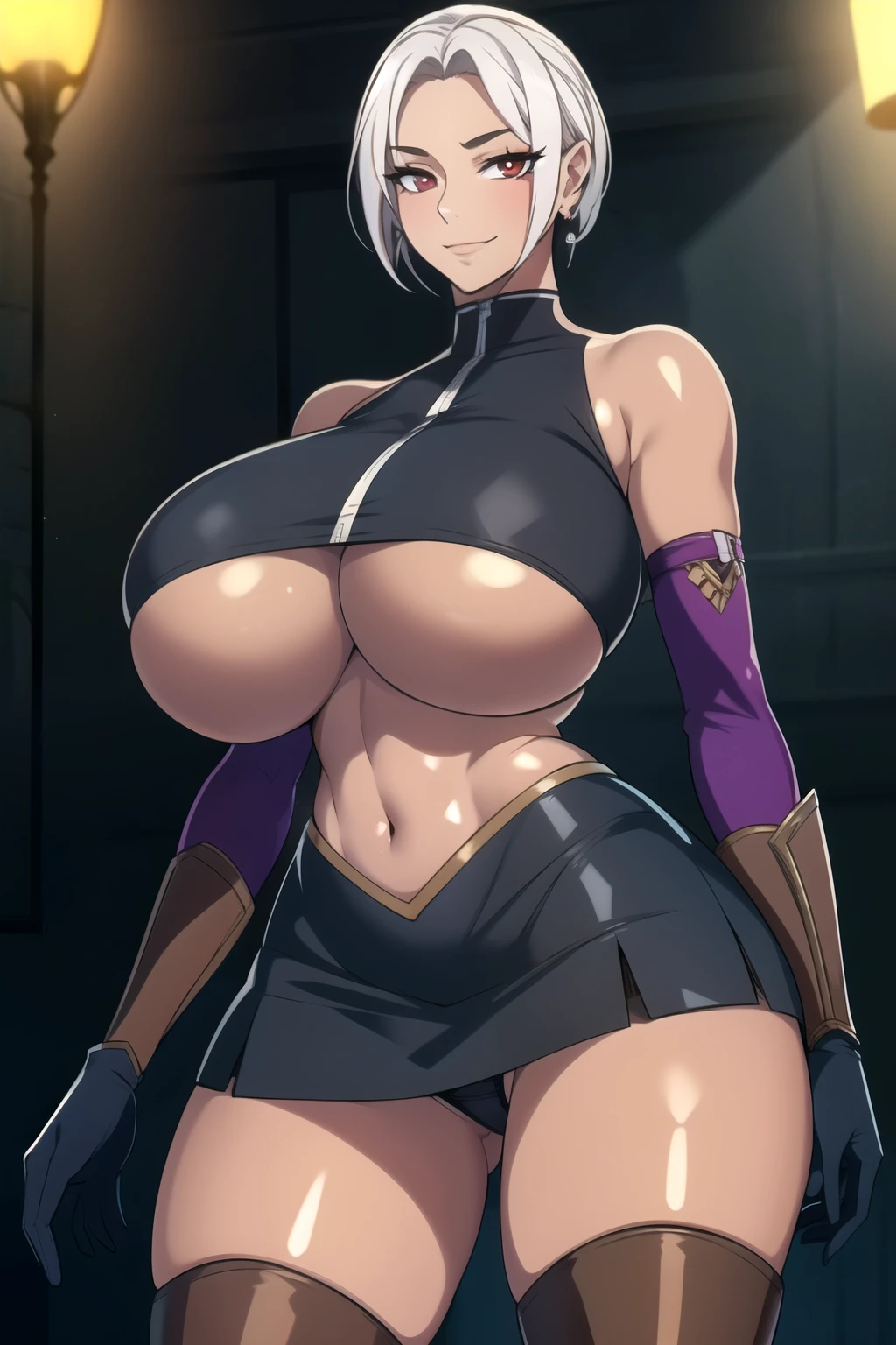 masterpiece, best quality, absurdres, 8k, perfect shadows,perfect lighting,hdr, ambient lighting, cowboy shot,shiny skin,skindentation, beautiful body, NamiFinal, (white hair : 1.4), short hair, red eyes, (((helloutfit:1.1), underboob, miniskirt, elbow gloves, thigh boots, highleg panties, bare shoulders, curvy, midriff, curvy, thighs, higheels, shiny clothes) (underboob : 1.4), jewelry earrings,tight fit, complex detailed background, inside, luxury palace) (gigantic breasts,hourglass body, thin waist,very slim waist)extremely detailed face,detailed eye makeup, detail face, nice detailed eyes,nice hands, perfect hands (realistic pupils,realistic iris:1) heavy eye makeup,glowing eyes, Bright eyes,standing,standing at attention,(seductivel smile), gigantic breasts, curvy, (( tan skin: 1.1)), (( tan face: 1.1))