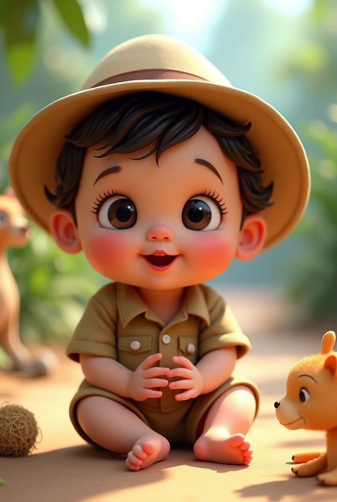 8 dressed in Safari outfit, short curly dark hair, full mouth, round eyes, Pixar 3D
