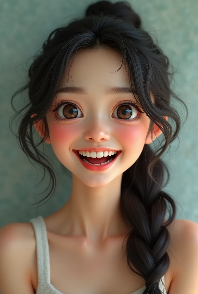 Asian woman with snake-like eyes laughing friendly
