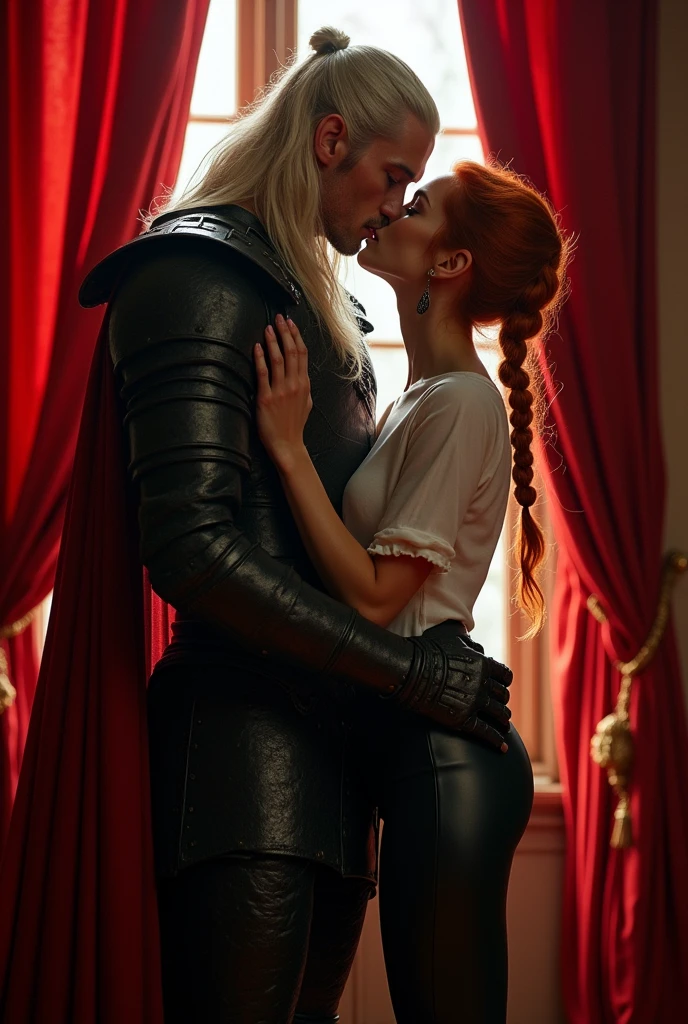 Create a prince of hell, May he be tall and handsome, that he has dark armor with a red cape, that she has long white hair tied in a high ponytail with some loose locks, that he is passionately kissing a beautiful redhead woman, She has her hair tied back in a single braid, that she is dressed in a white shirt and leather pants, Put them both behind a red curtain as if they were hiding against a large window. That the two are kissing passionately.