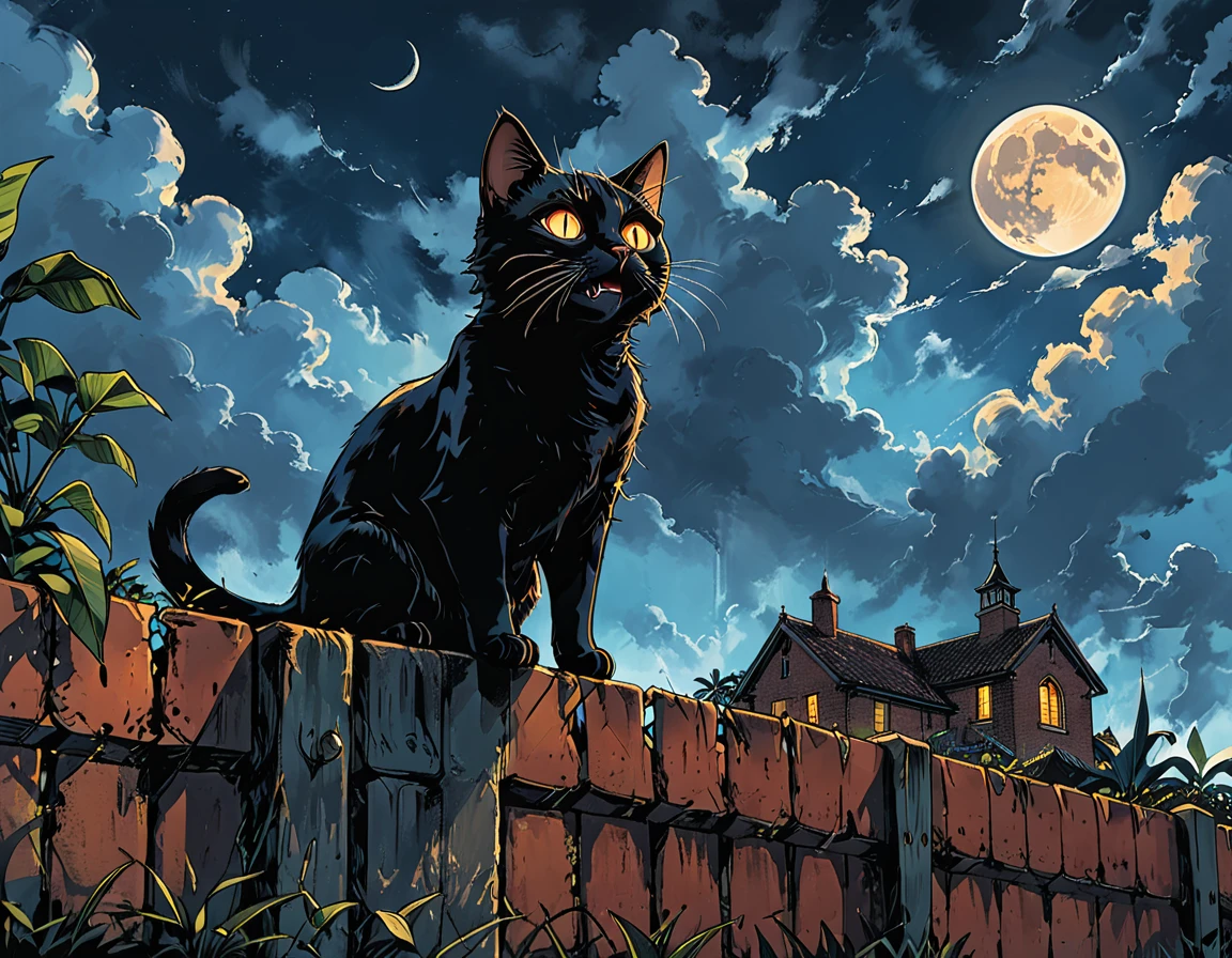 open mouth,
night, black cat, moon, glowing eyes, cat ((walking)) along  above a brick fence, high brick fence, bottom view, tropics, clouds, graphic style of novel comics,  2d, 8k, hyperrealism, masterpiece, high resolution, best quality, ultra-detailed, super realistic, Hyperrealistic art, high-quality, ultra high res, highest detailed, lot of details, Extremely high-resolution details, incredibly lifelike, colourful, soft cinematic light,