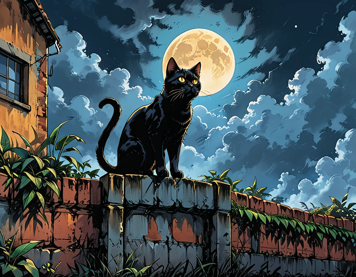 open mouth,
night, black cat, moon, glowing eyes, cat ((walking)) along above a brick fence, high brick fence, bottom view, tropics, clouds, graphic style of novel comics, 2d, 8k, hyperrealism, masterpiece, high resolution, best quality, ultra-detailed, super realistic, Hyperrealistic art, high-quality, ultra high res, highest detailed, lot of details, Extremely high-resolution details, incredibly lifelike, colourful, soft cinematic light,