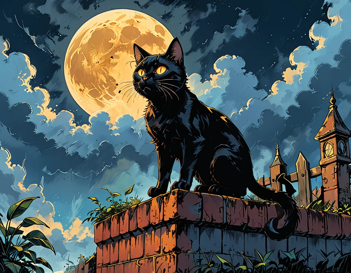 open mouth,
night, black cat, moon, glowing eyes, cat ((walking)) along  above a brick fence, high brick fence, bottom view, tropics, clouds, graphic style of novel comics,  2d, 8k, hyperrealism, masterpiece, high resolution, best quality, ultra-detailed, super realistic, Hyperrealistic art, high-quality, ultra high res, highest detailed, lot of details, Extremely high-resolution details, incredibly lifelike, colourful, soft cinematic light,