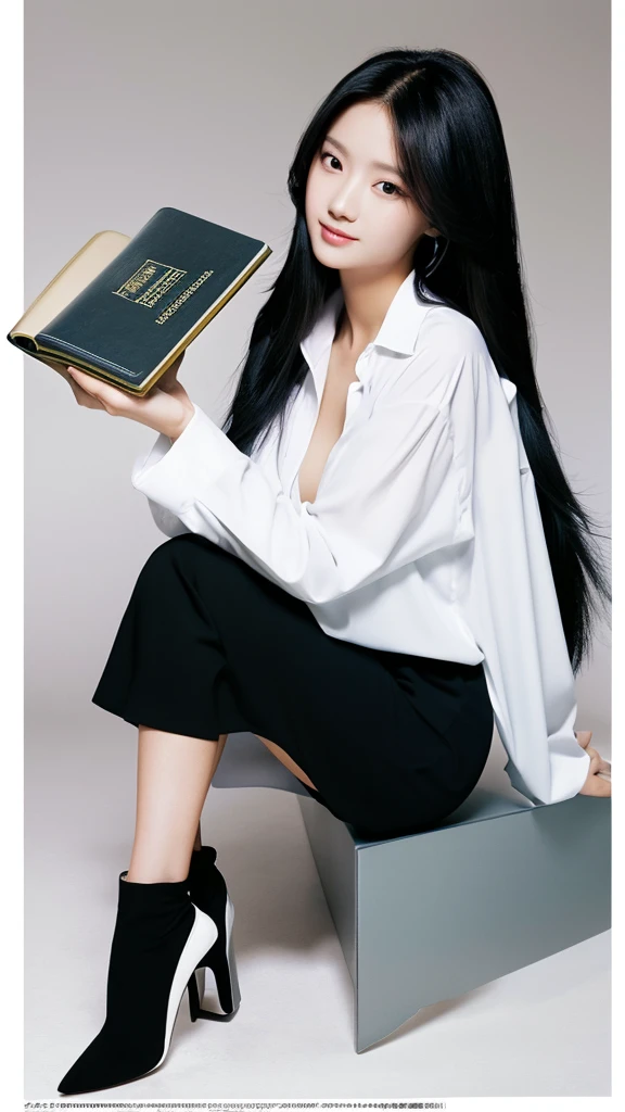 Realistic woman with long black hair, white open-necked Y-shirt, black miniskirt, black high heels, holding a textbook