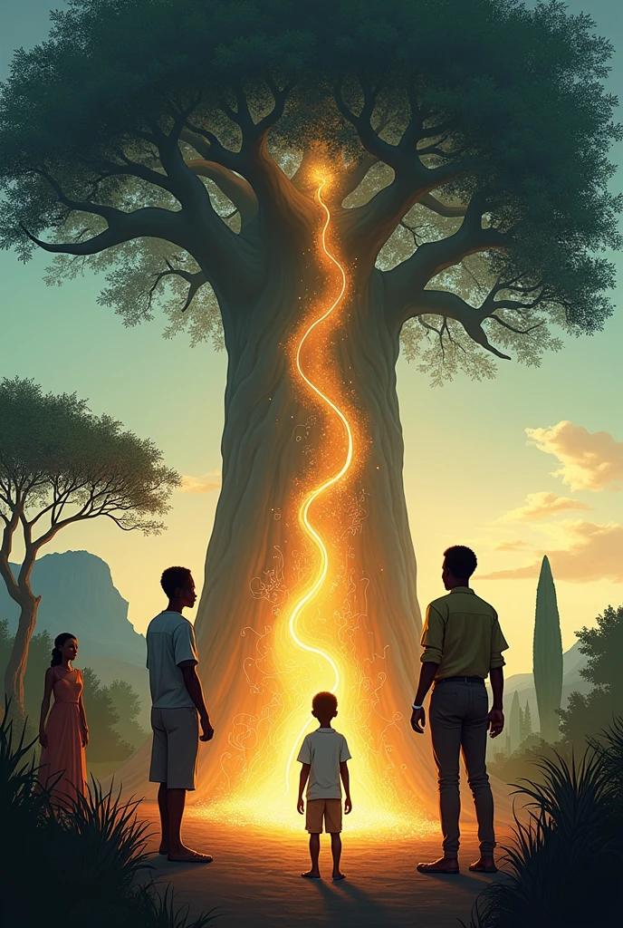 Scene 5: The Revelation

Prompt 1:
"Just before dawn in the heart of the village. The baobab tree glows intensely, its light cutting through the pre-dawn darkness. The Guardian, an ethereal figure made of shimmering light, appears once more, more vibrant and awe-inspiring than before."

Prompt 2: 
"Kofi, the bright-eyed boy, stands beside Professor Tunde, who is now humbled, his modern suit out of place. Abeni watches from behind, a mixture of skepticism and amazement on her face. The tree’s roots pulse with life, connecting the earth with the Guardian’s light, symbolizing the unity of ancient wisdom and future potential."

