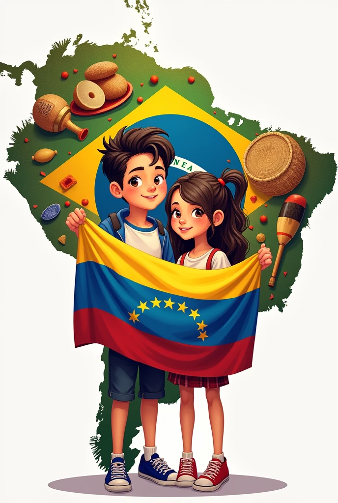 A teenage boy and a teenage girl holding the Venezuelan flag with objects from Venezuelan culture inside the map of Brazil 