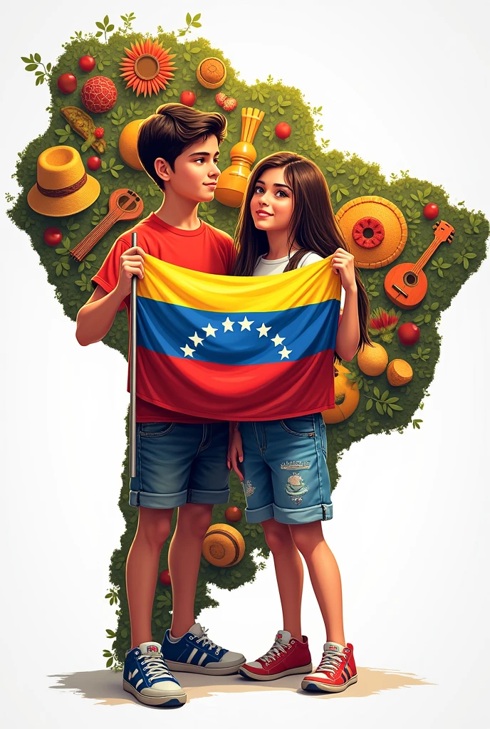 A boy and a teenageolding the Venezuelan flag with objects from Venezuelan culture inside the map of Brazil