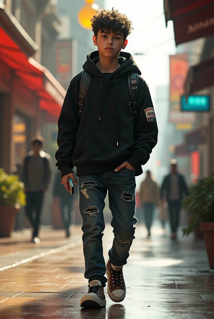 (photorealism:1.2), (cyberpunk), A handsome young boy is walking in public area, backpack, earphones, wearing black hoody thight sweater and rocker jeans, sneakers, holding a cellphone, ((realistic)), intricate details, warm colors, by Greg Rutkowski, by Alphonse Mucha